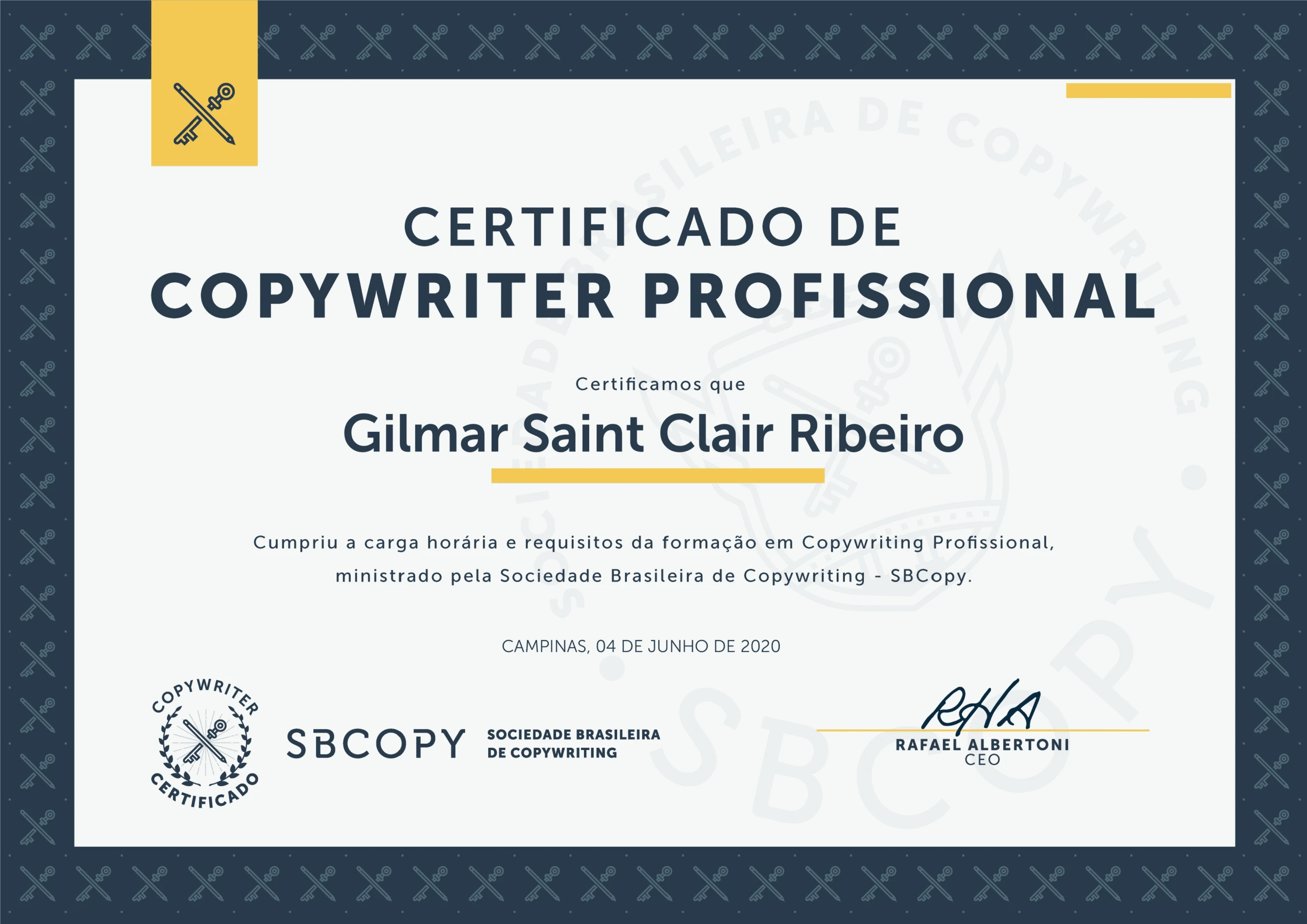 Certificado de copywriting profissional, SBCopy, 2020